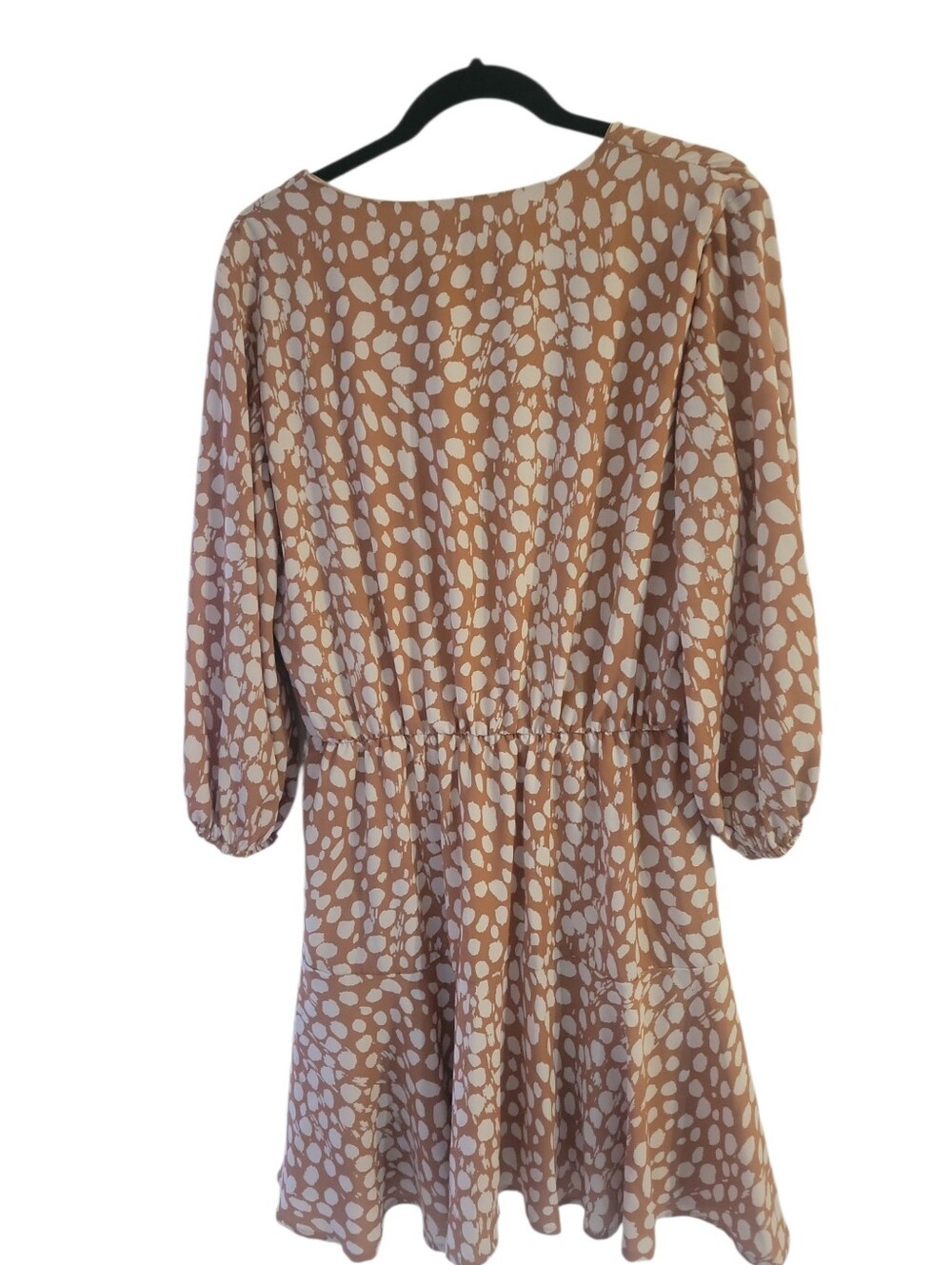 Adrienne Beige & Cream 3/4 Sleeve V-Neck Polka Dot Smock Elastic Waist Dress L - Picture 6 of 6